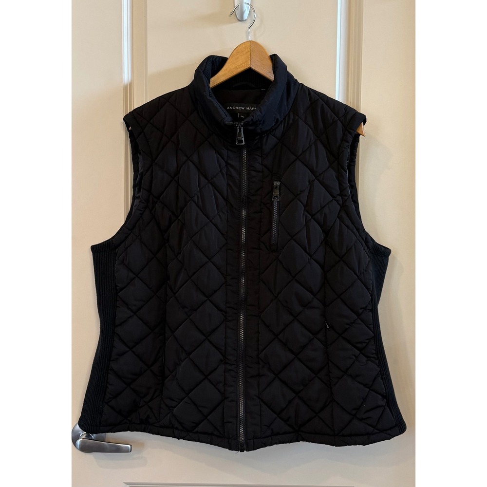 Andrew Marc Black Quilted Puffer Vest Womens Ribbed Side Panel Full Zip Size XXL